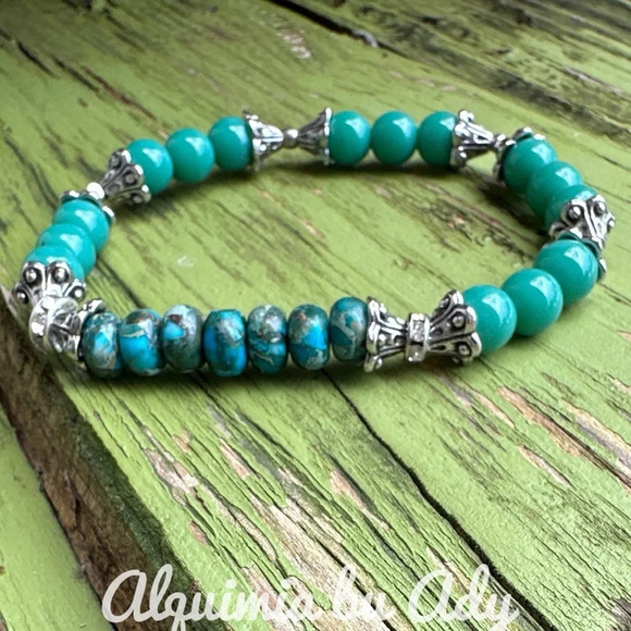 Apatite African turquoise silver beaded handmade bracelet/western/colorful - Picture 1 of 7